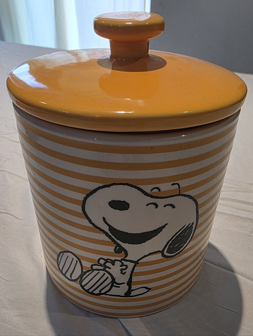 Peanuts Snoopy Yellow & White Striped Cookie Jar Canister Kitchen 5.3x7